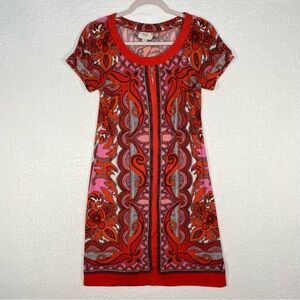 ECI Boho Retro Paisley Pink Pleated Shift Dress Sz 6‎ Career Party Cocktail